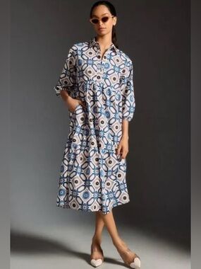 Anthropologie Blue and White Geometric Midi Dress